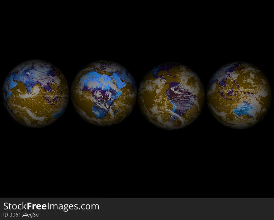 3d rendered Four Globes on black003. 3d rendered Four Globes on black003