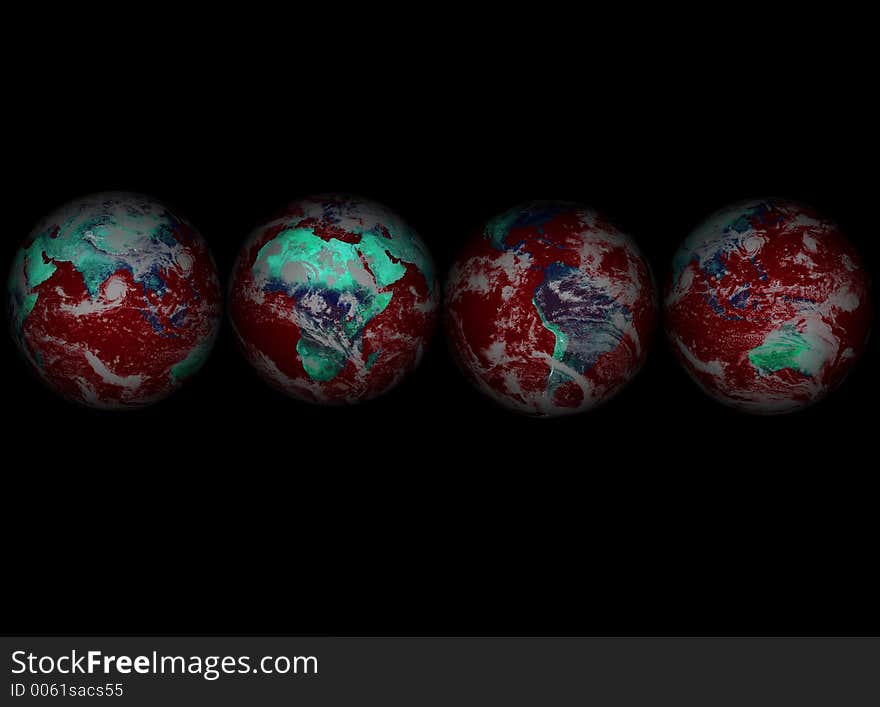 3d rendered Four Globes on black005. 3d rendered Four Globes on black005