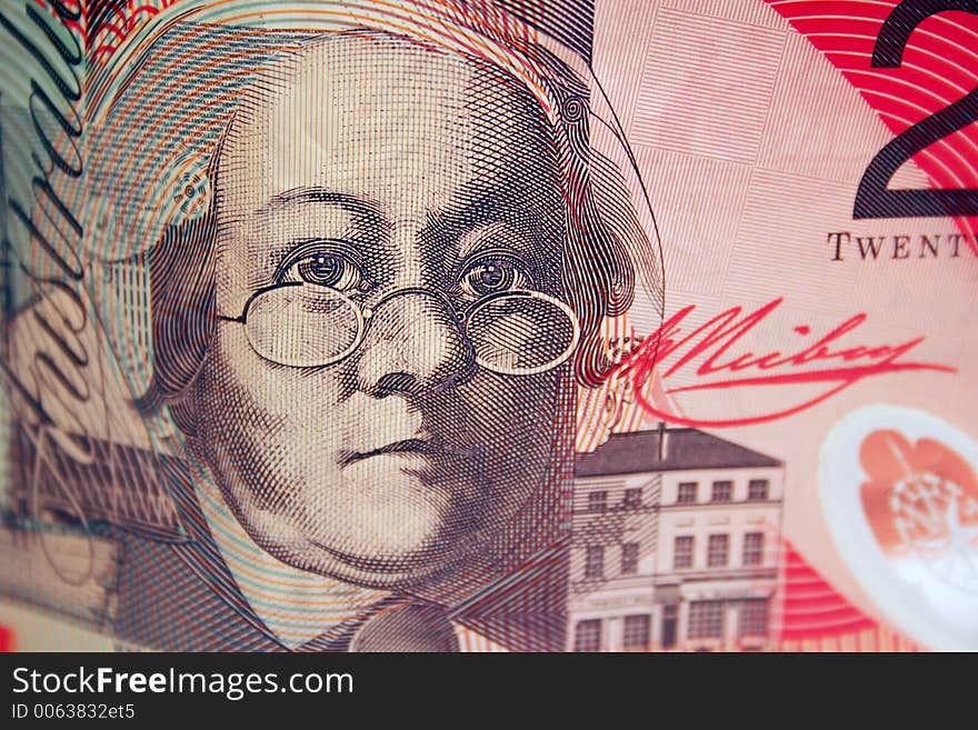 Detail Australian $20 bill. Detail Australian $20 bill