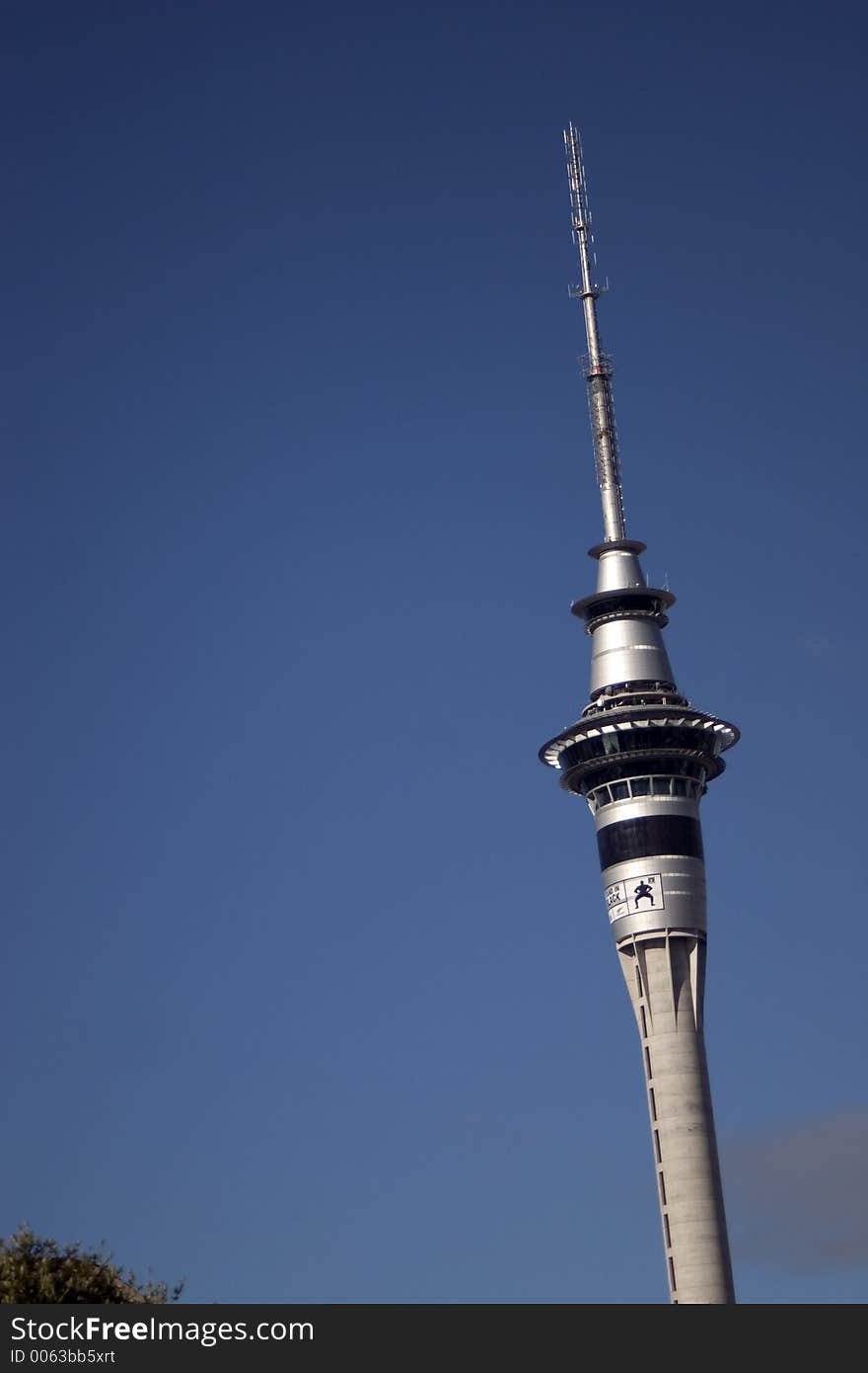 Auckland Sky Tower from below with blue sky, Auckland, New Zealand