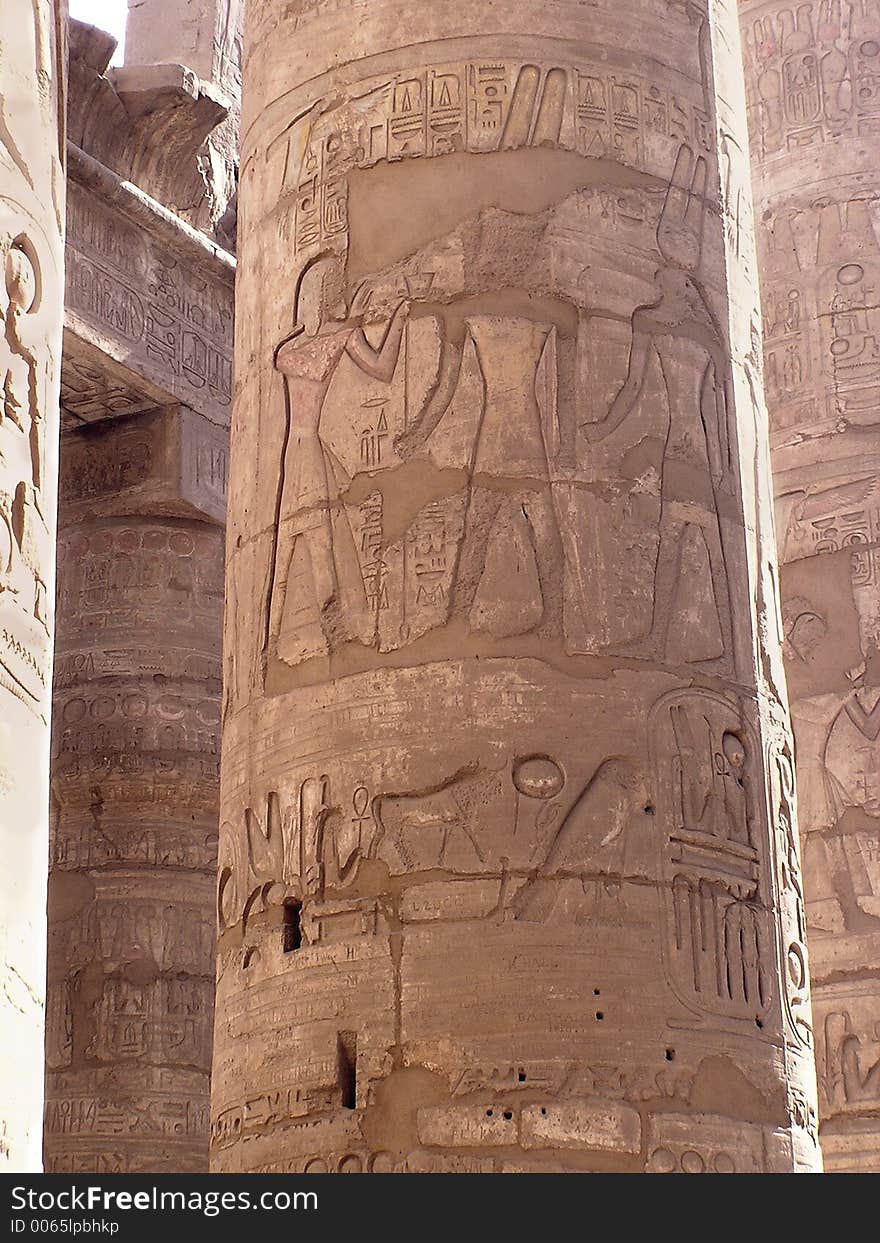 Columns of Hypostyl hall, hieroglyphs details in temple of Amun at Karnak, Egypt, Africa