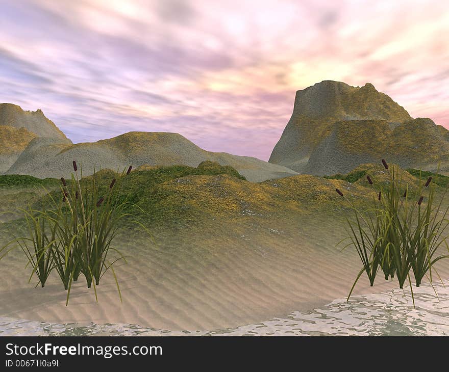 Rendered in Vue, a simple beach with some cattails. Good for backgrounds. Rendered in Vue, a simple beach with some cattails. Good for backgrounds.