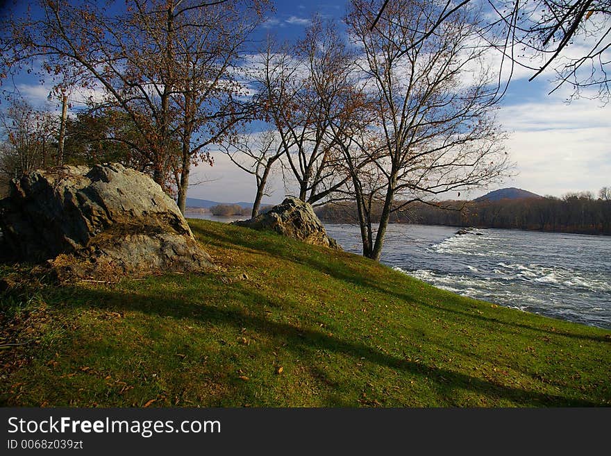 Mckee's Rocks on the Susquehanna River is best seen from a rest stop and picnic area located on Route 11/15, Snyder County, Pennsylvania