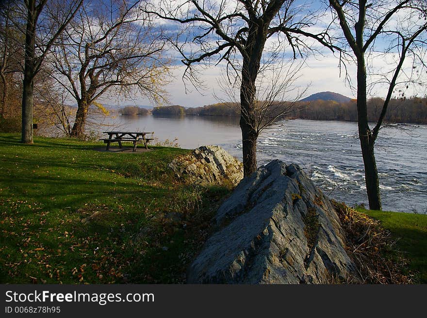 Mckee's Rocks on the Susquehanna River is best seen from a rest stop and picnic area located on Route 11/15, Snyder County, Pennsylvania