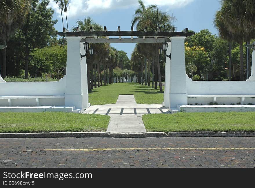 A park arbor with a mediterranean theme.