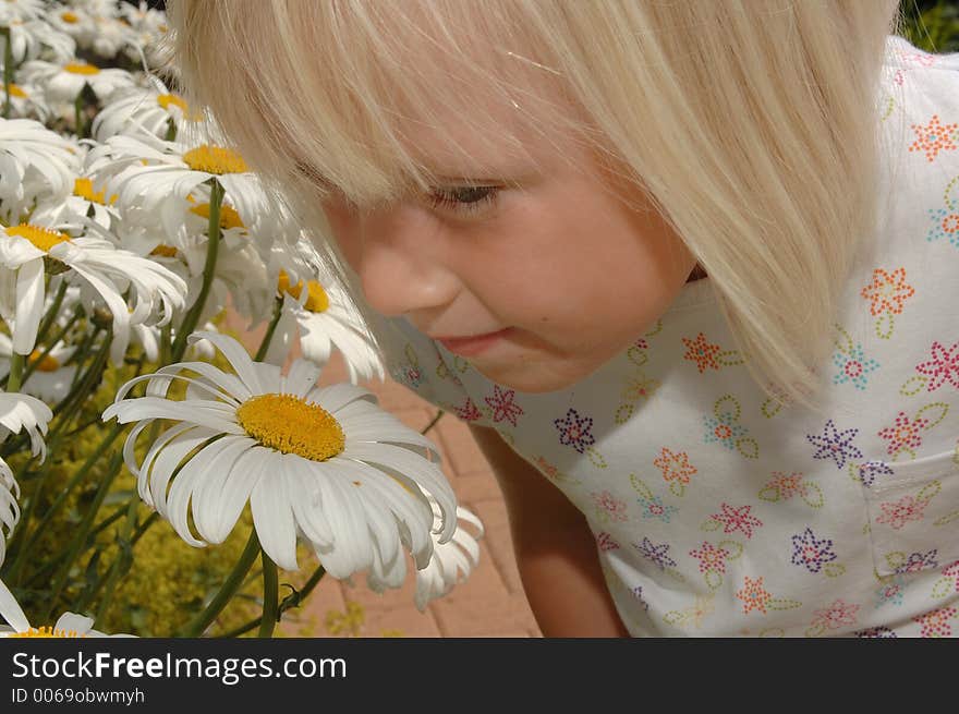 A girl smelling a flower. A girl smelling a flower