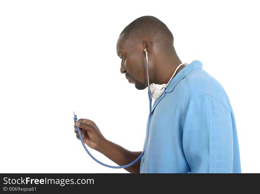 Handsome male doctor or nurse with a serious but calm expression holding a stethoscope. Handsome male doctor or nurse with a serious but calm expression holding a stethoscope.