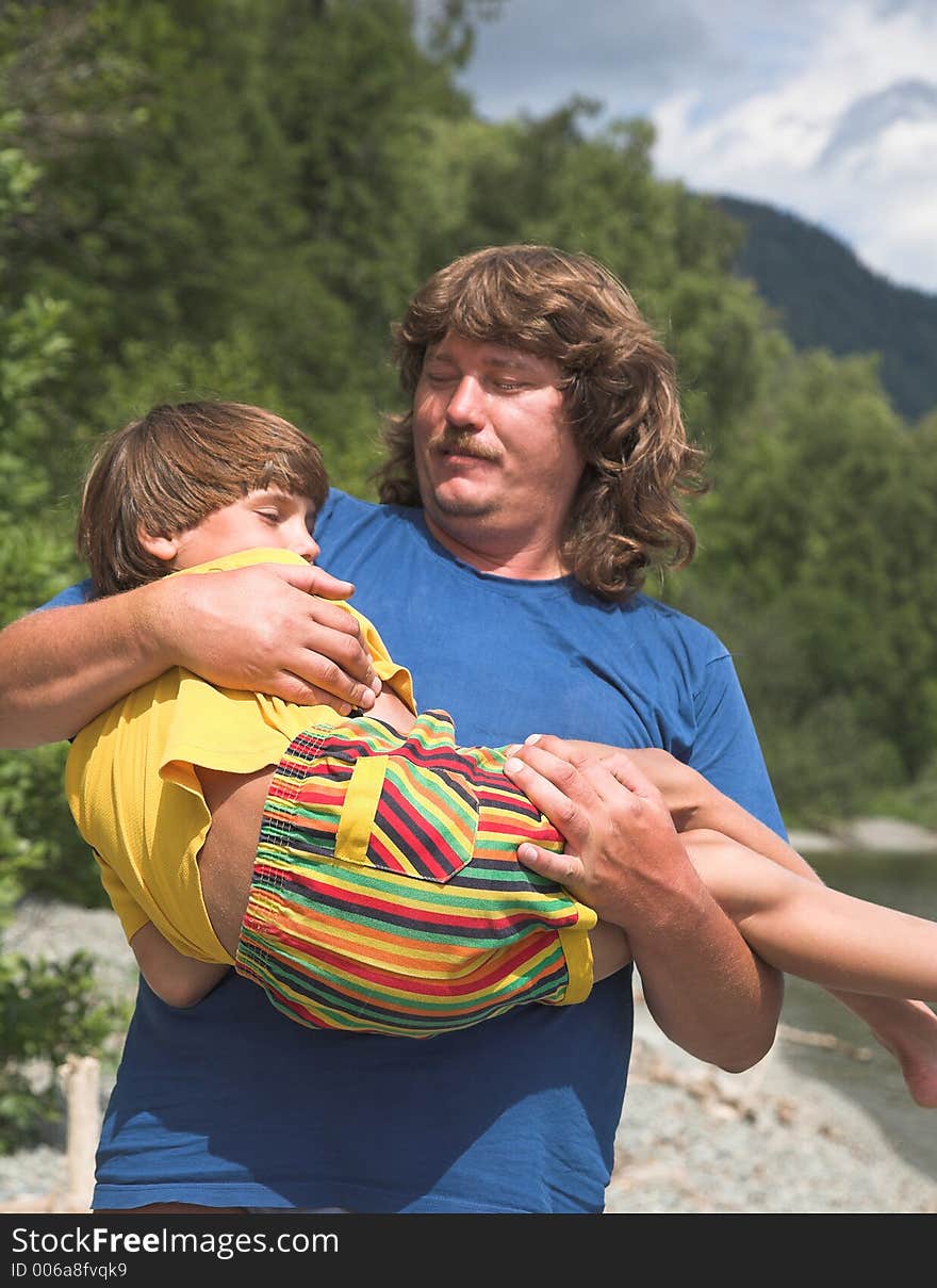 Father and son on the Teletskoe lake