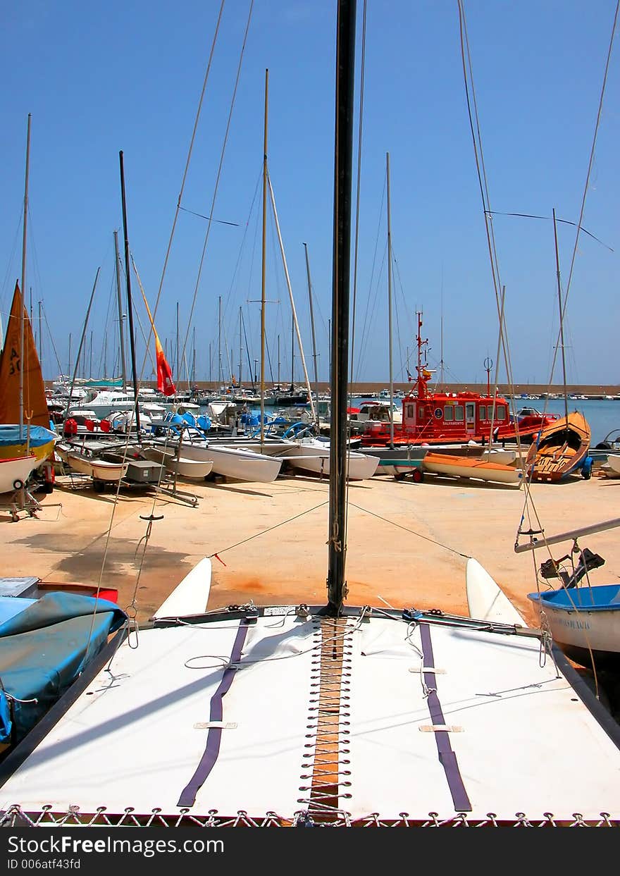 Hobbiecat boat in hte port out of the sea