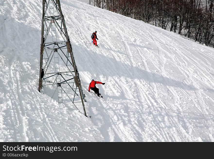 Ski surfers on Montenegrin mountain. Ski surfers on Montenegrin mountain