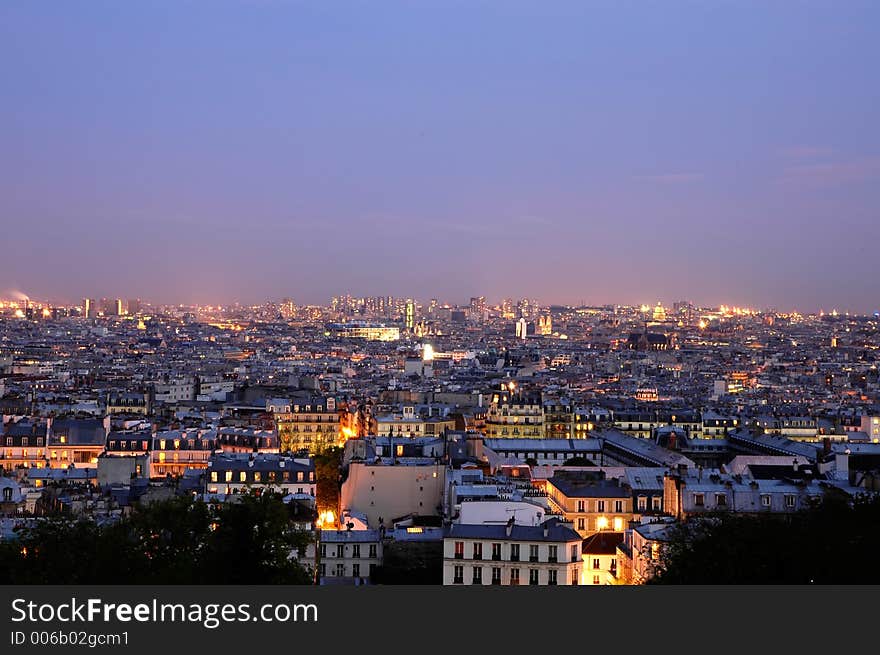 Early evening in Paris - a wide view from stairs at Basilica Sacre Ceur, Monmartre. Early evening in Paris - a wide view from stairs at Basilica Sacre Ceur, Monmartre