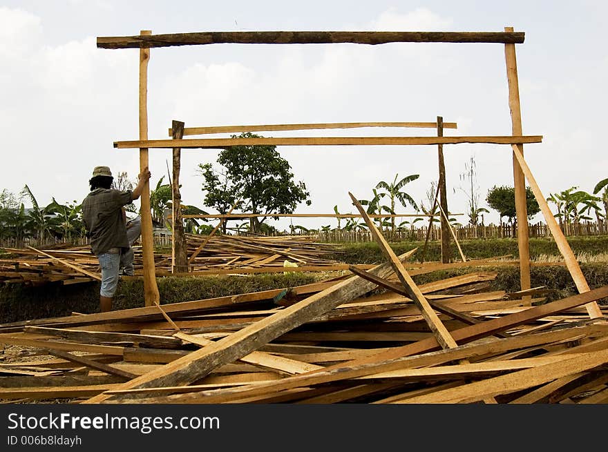 Men building temporary shelter on a rice paddy in rural Philippines. Men building temporary shelter on a rice paddy in rural Philippines