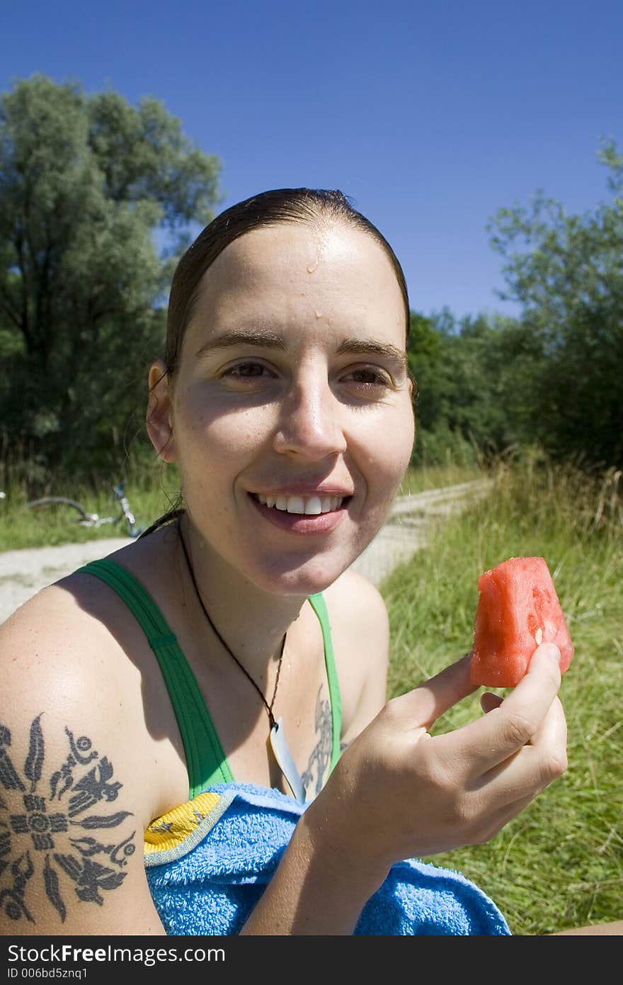 Woman about to eat watermelon