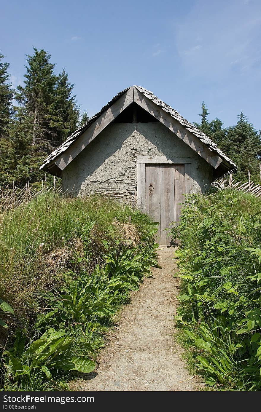 Overgrown path to vintage storage shed