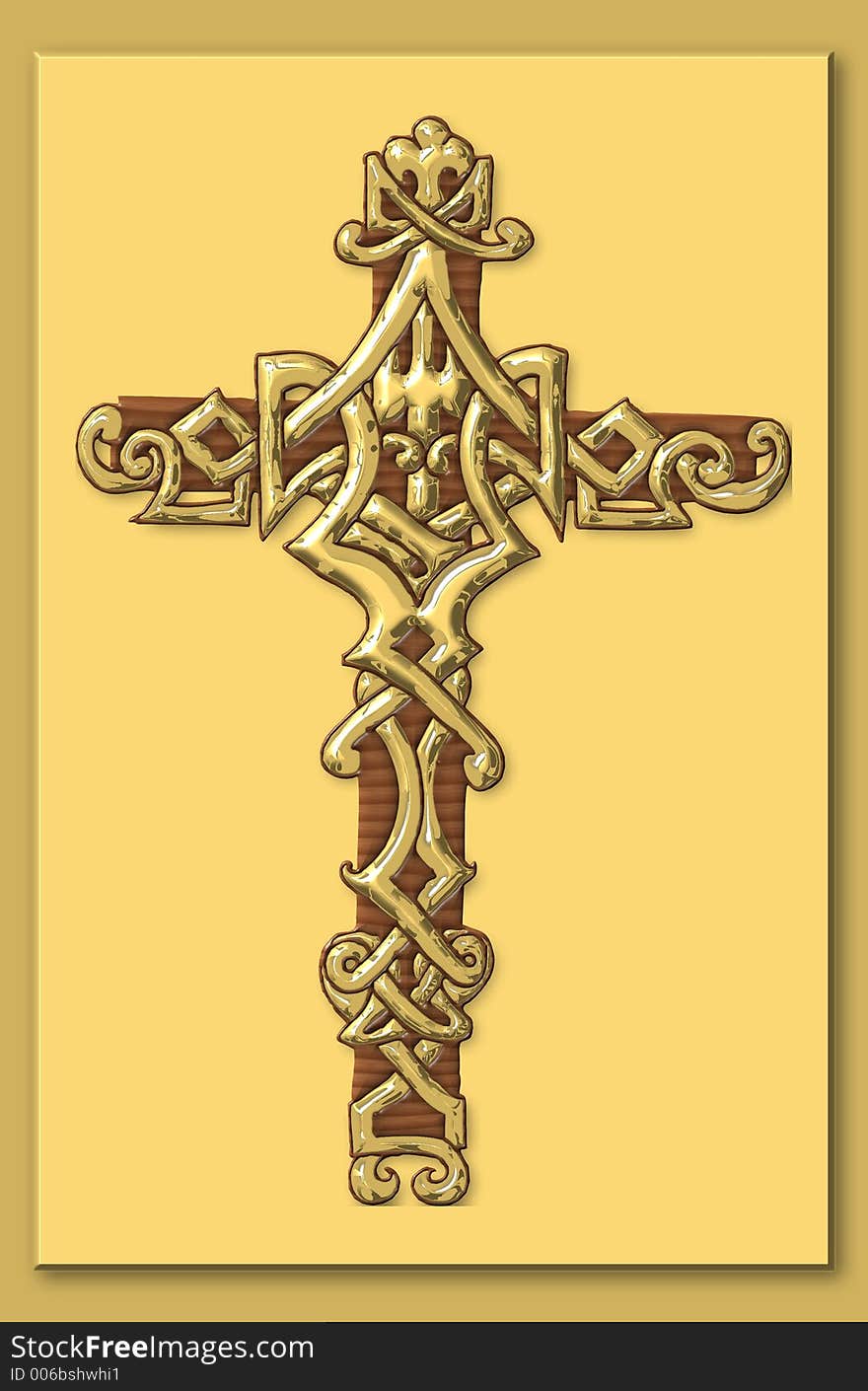 Computer generated golden cross with wooden background