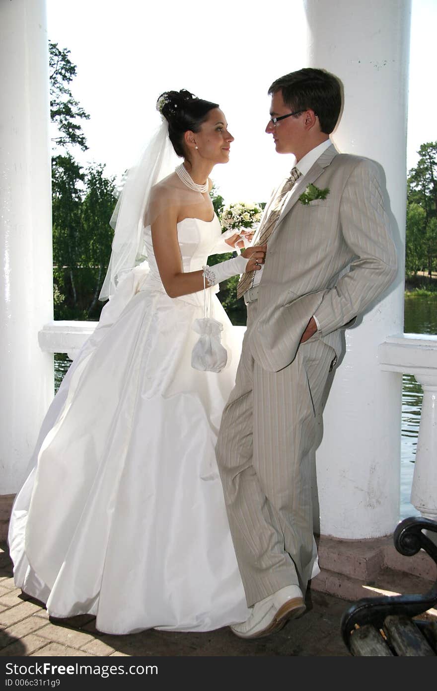 Newlywedses on walk in park. Newlywedses on walk in park