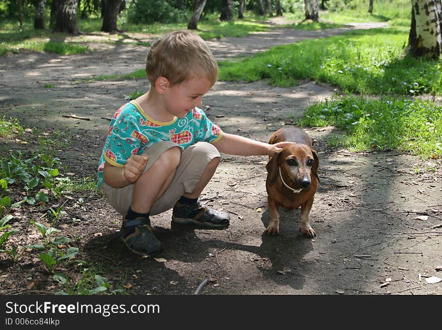 Boy with badgerdog 2 in park