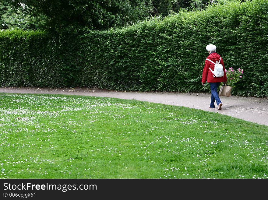 Old lady with flowers in red in a park. Old lady with flowers in red in a park