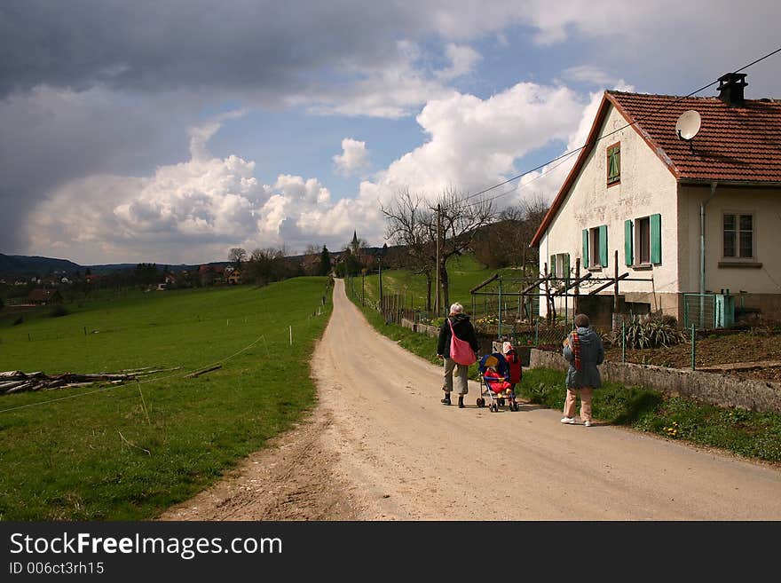 In the street of a alsacian villlage  in the  summer. In the street of a alsacian villlage  in the  summer