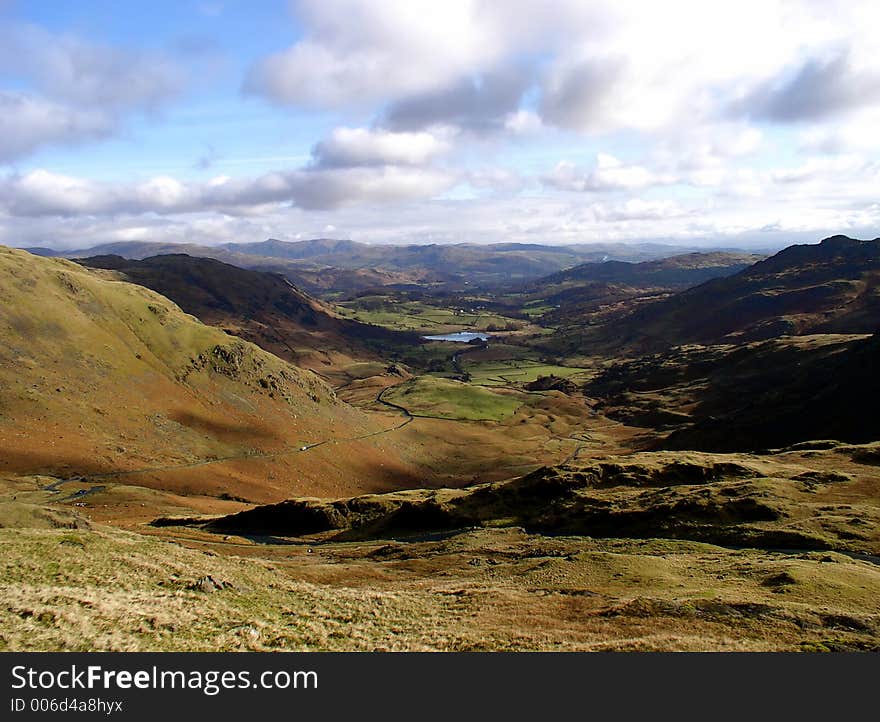 View from the top of Hardknott pass in Cumbria, UK.