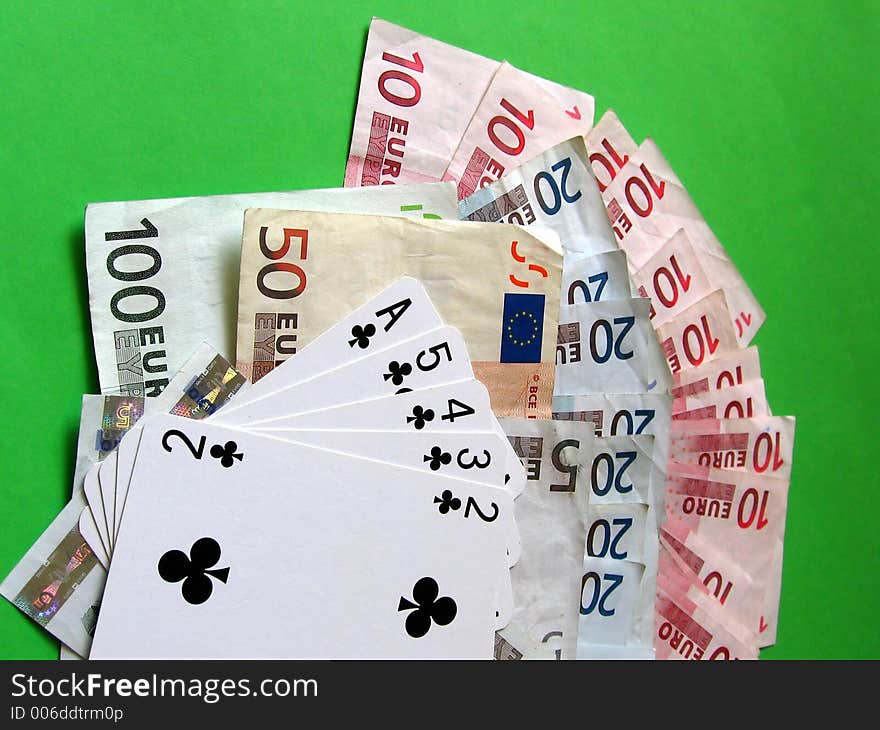 Straight flush (2,3,4,5,A) club; 
money 10, 20, 50, 100 euro; 

green backgroud. Straight flush (2,3,4,5,A) club; 
money 10, 20, 50, 100 euro; 

green backgroud