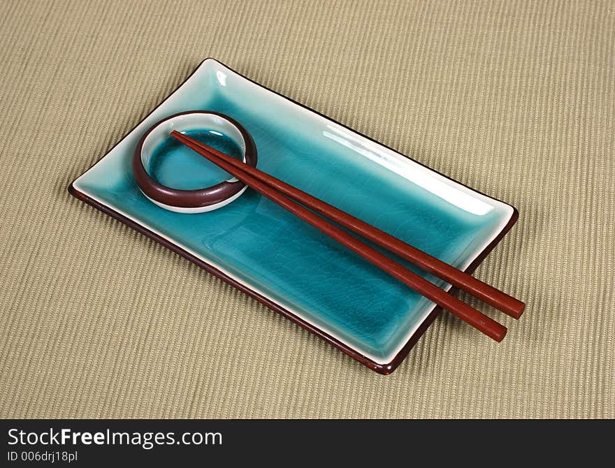 Plate, Dipping Bowl And Chop Sticks