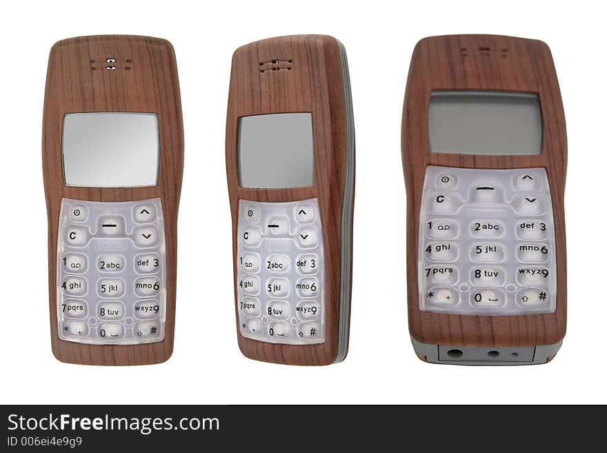 Views of a simple modern wireless cell-phone with wood-grain casing. Views of a simple modern wireless cell-phone with wood-grain casing