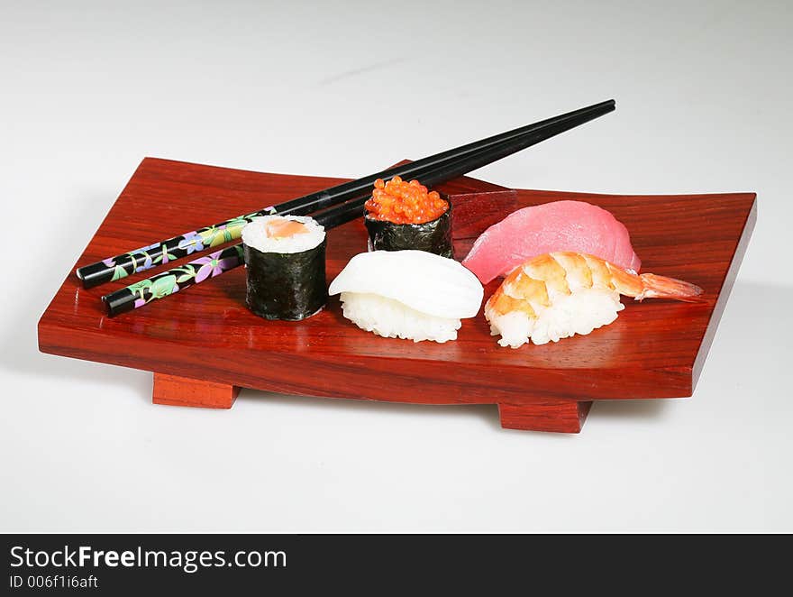 Sushi platter on white background