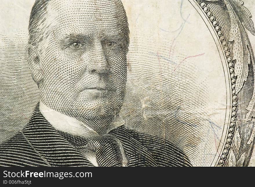 Close up of a 1904 us 10 dollar bill with william mc kinley. Close up of a 1904 us 10 dollar bill with william mc kinley