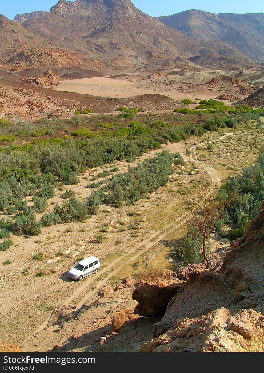 The offroader stands in the valley of the desert elephants near of brandberg range in namibia,. The offroader stands in the valley of the desert elephants near of brandberg range in namibia,