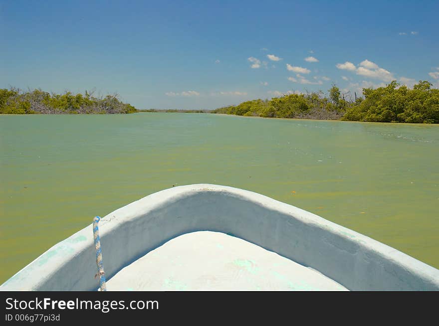 Boat on the river in Rio Lagartos, Mexico