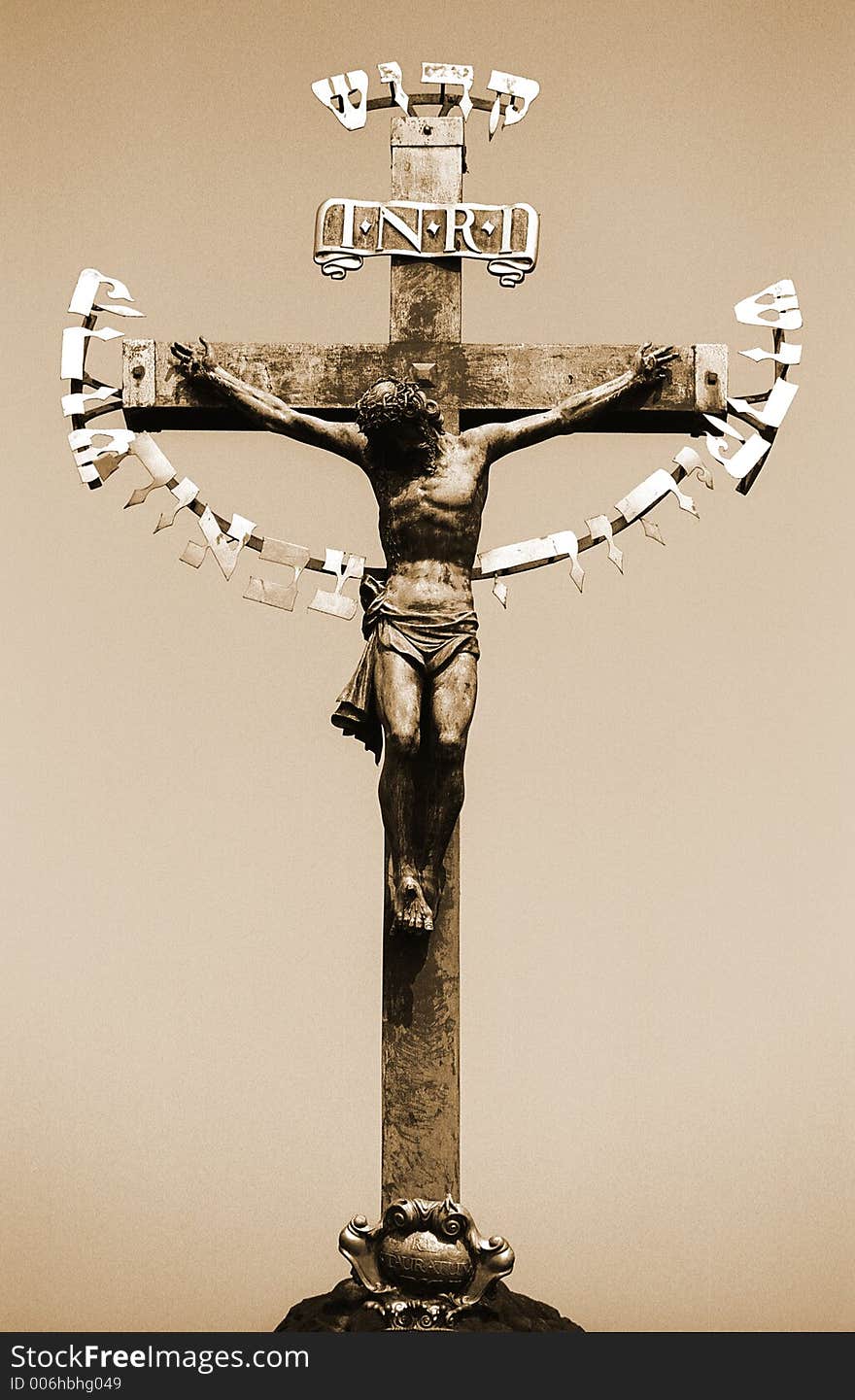 The guilded Christ dates from 1629 and stood alone for 200 years on the Charles Bridge in Prague. The guilded Christ dates from 1629 and stood alone for 200 years on the Charles Bridge in Prague.