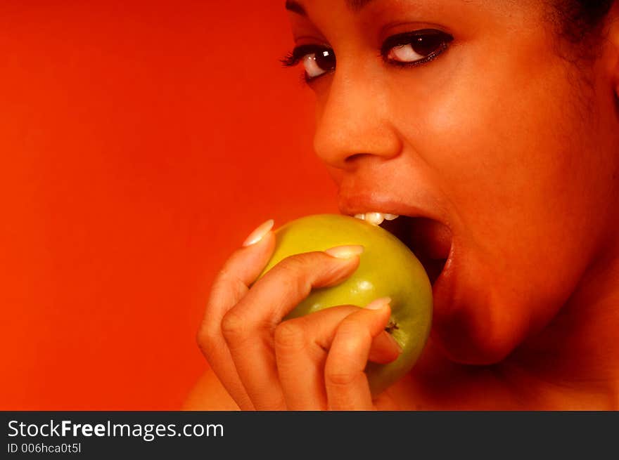 Woman enjoys Apple. Woman enjoys Apple