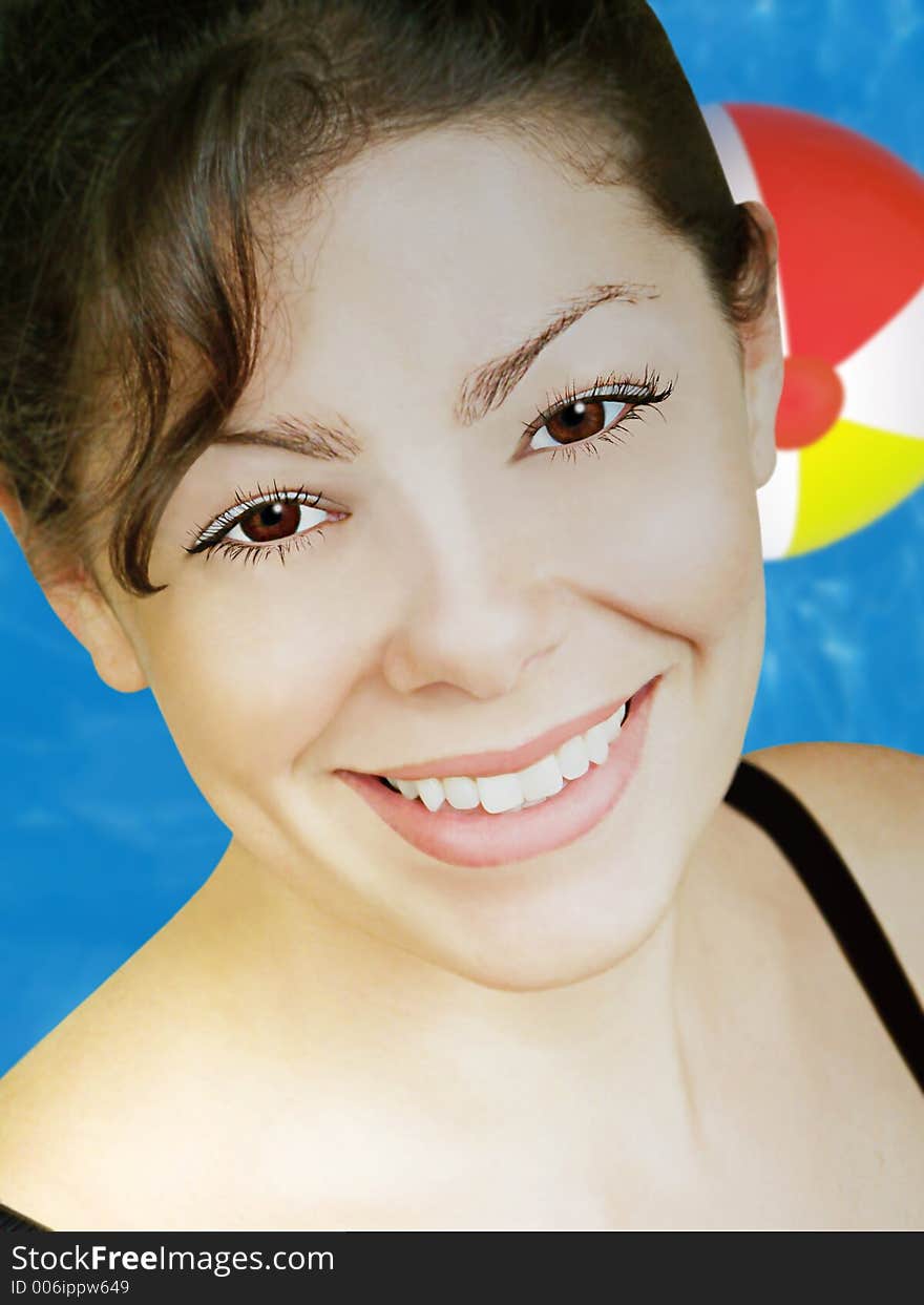 Woman with beautiful smile over pool background. Woman with beautiful smile over pool background.