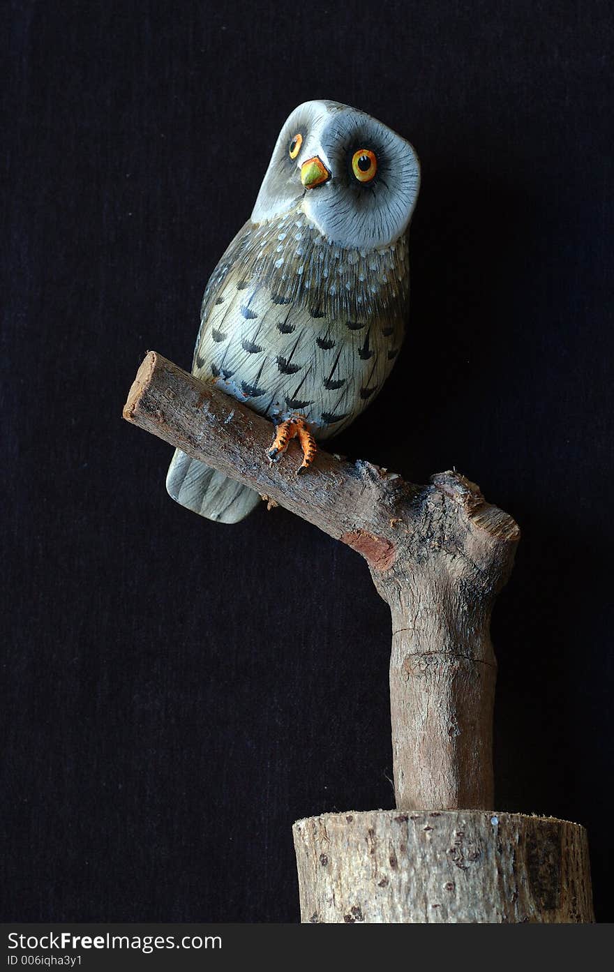 Painted Wooden owl on a branch. The owl is the symbol of magic.