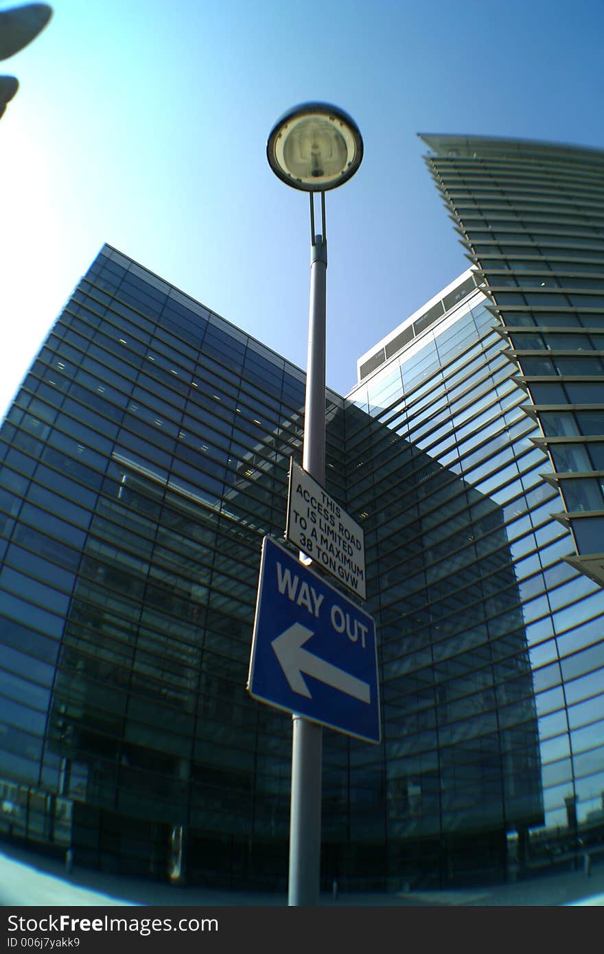 Steel and glass office block, with one sign, Leeds, West Yorkshire, England. Steel and glass office block, with one sign, Leeds, West Yorkshire, England