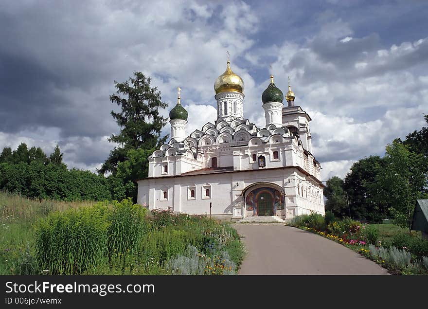 Beatuful church on a hill in village Marjino. Moscow suburb