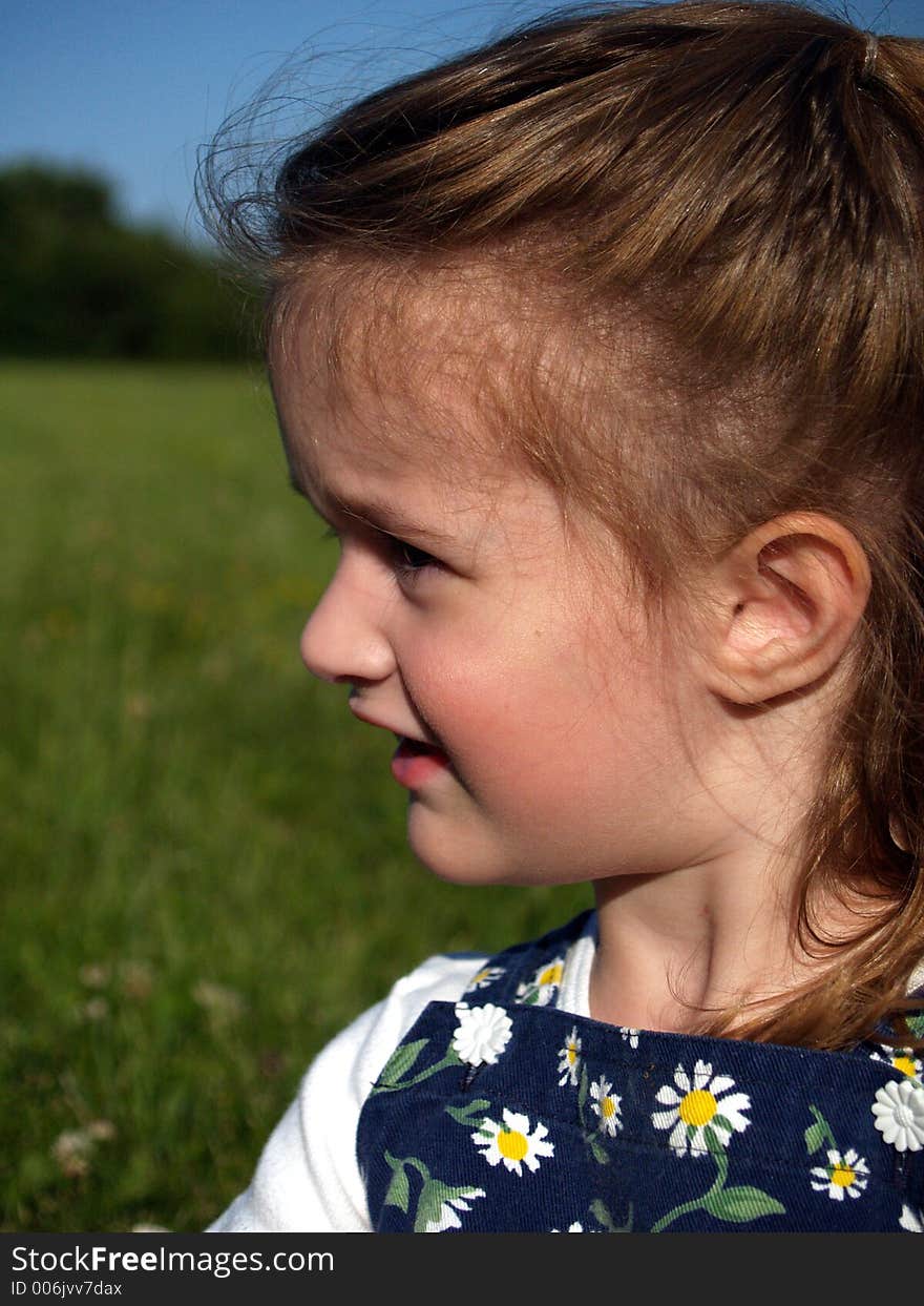 A little girl profile in a field. A little girl profile in a field.