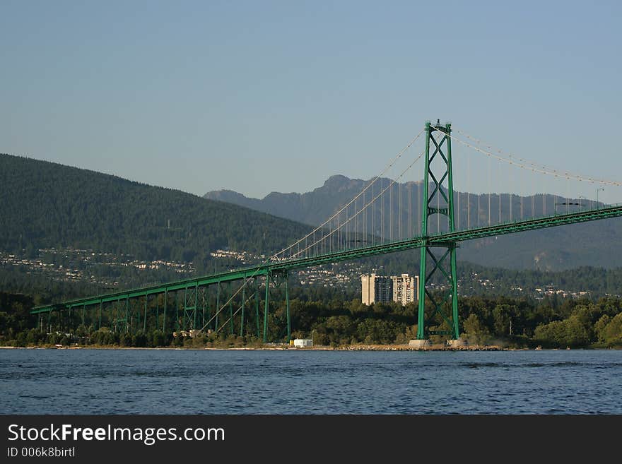 Shot of bridge from seawall below. Shot of bridge from seawall below