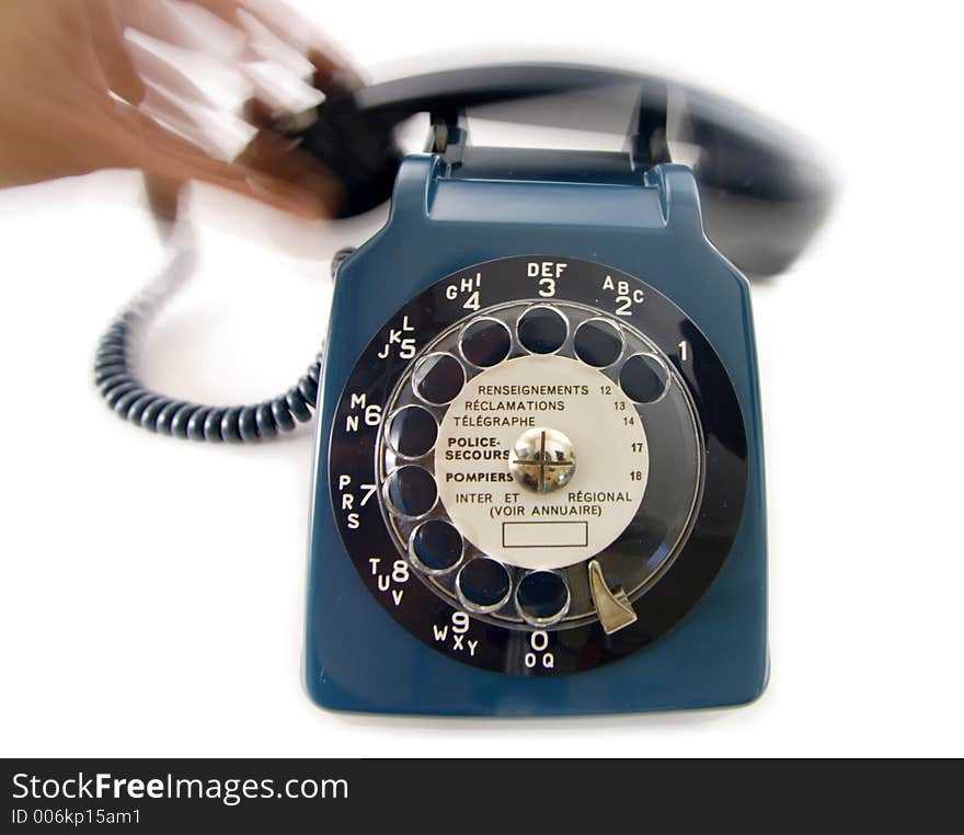 Old retro blue bakelite phone with hand holding receiver. Old retro blue bakelite phone with hand holding receiver