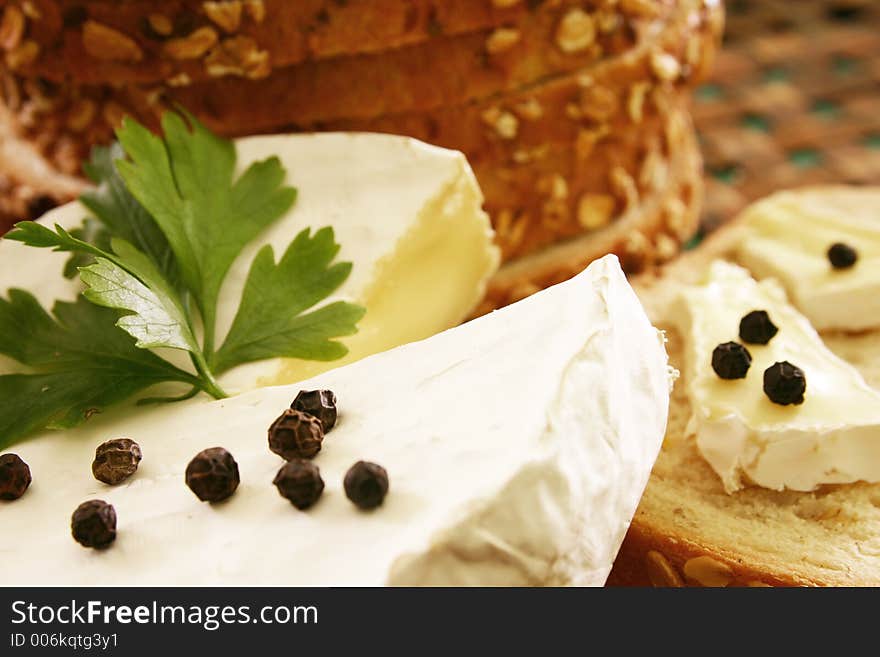 Bread and cheese on wooden board. Bread and cheese on wooden board