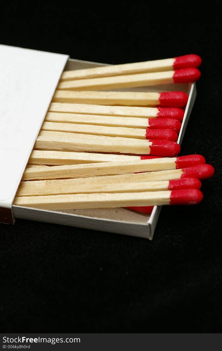 Closeup of Red Tipped wooden match sticks in a match box