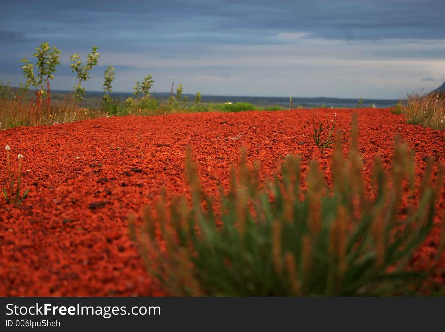 Shot from groundlevel, red road made of lava gravel, few straws in foreground out of focus, road leads out of the picture. Shot from groundlevel, red road made of lava gravel, few straws in foreground out of focus, road leads out of the picture