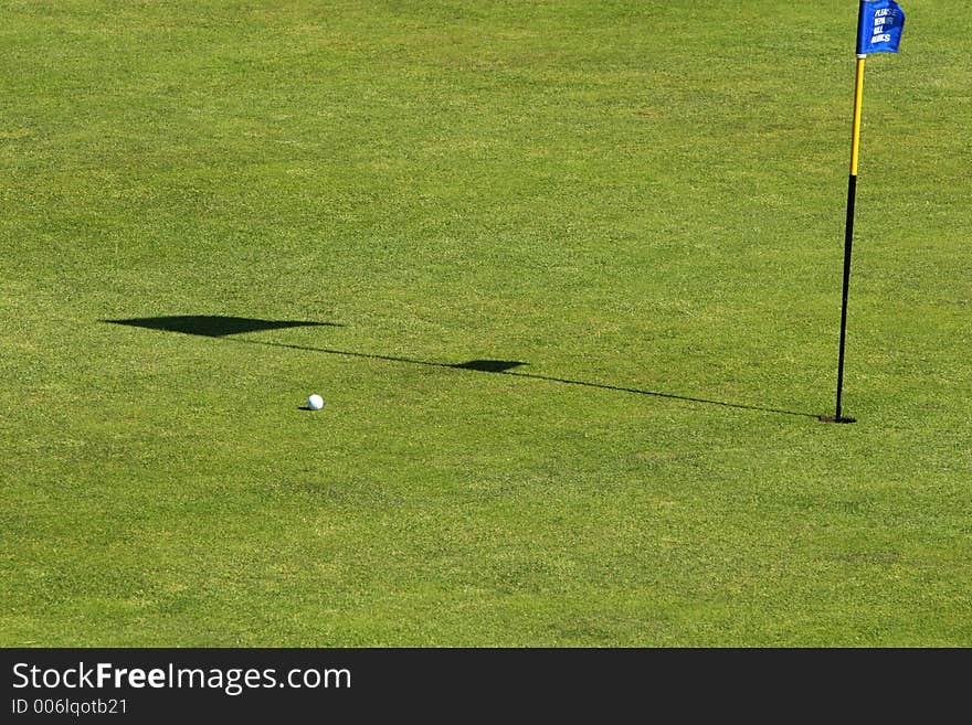 A putt going into the hole on a green on a golfcourse. A putt going into the hole on a green on a golfcourse