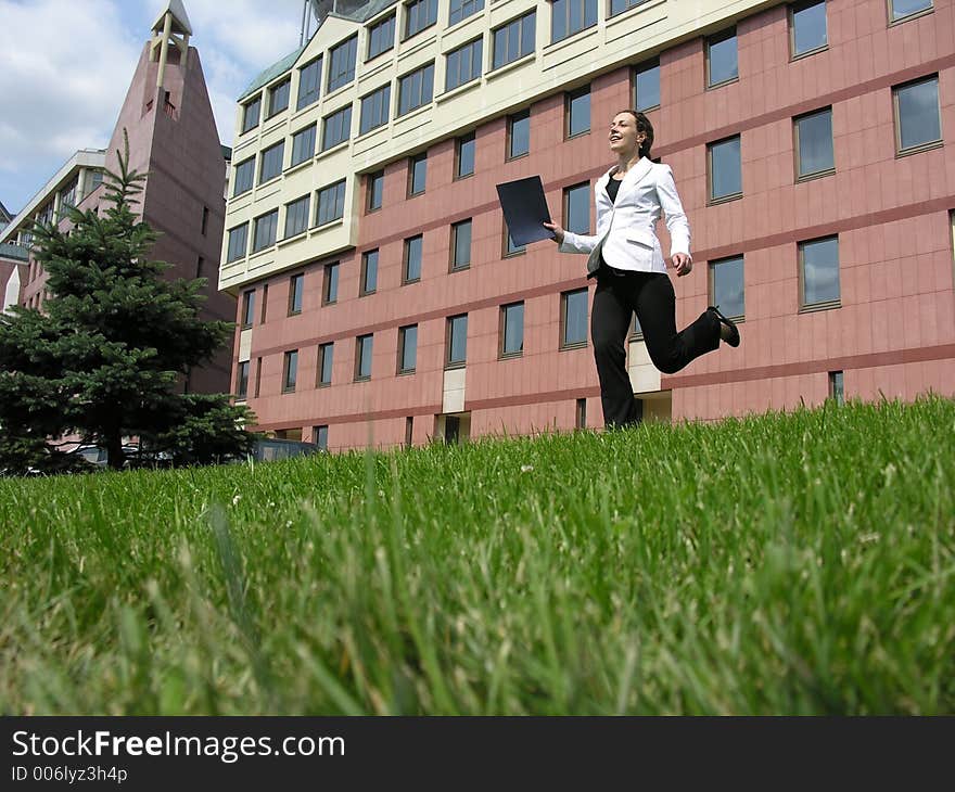 Running happy businesswoman. Running happy businesswoman