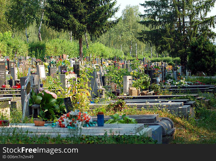 Graveyard on sunny day. Calm and quiet.