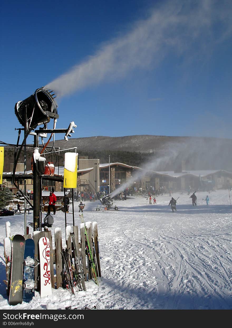 Snowmaking machines in action by Hunter Mountain ski resort, NY