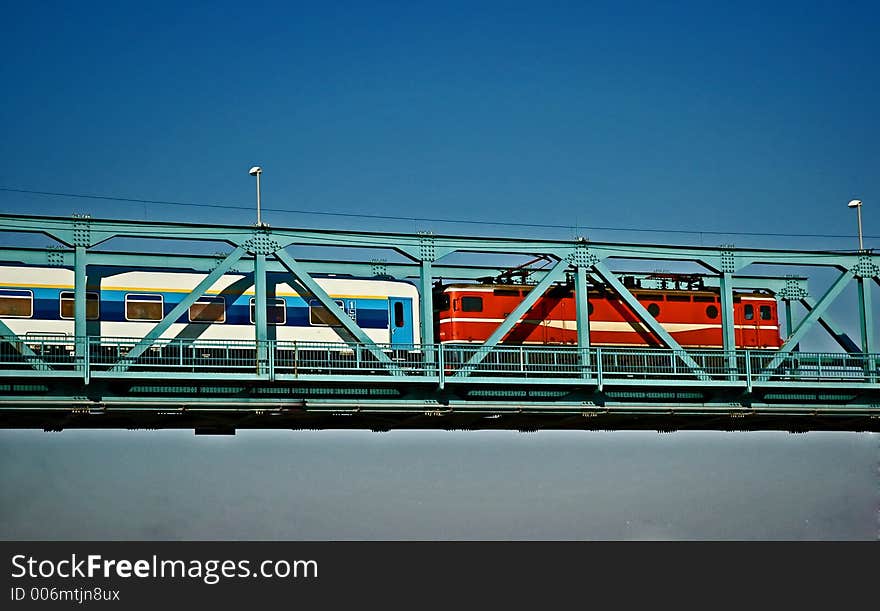 Train running over Danubian bridge. Train running over Danubian bridge