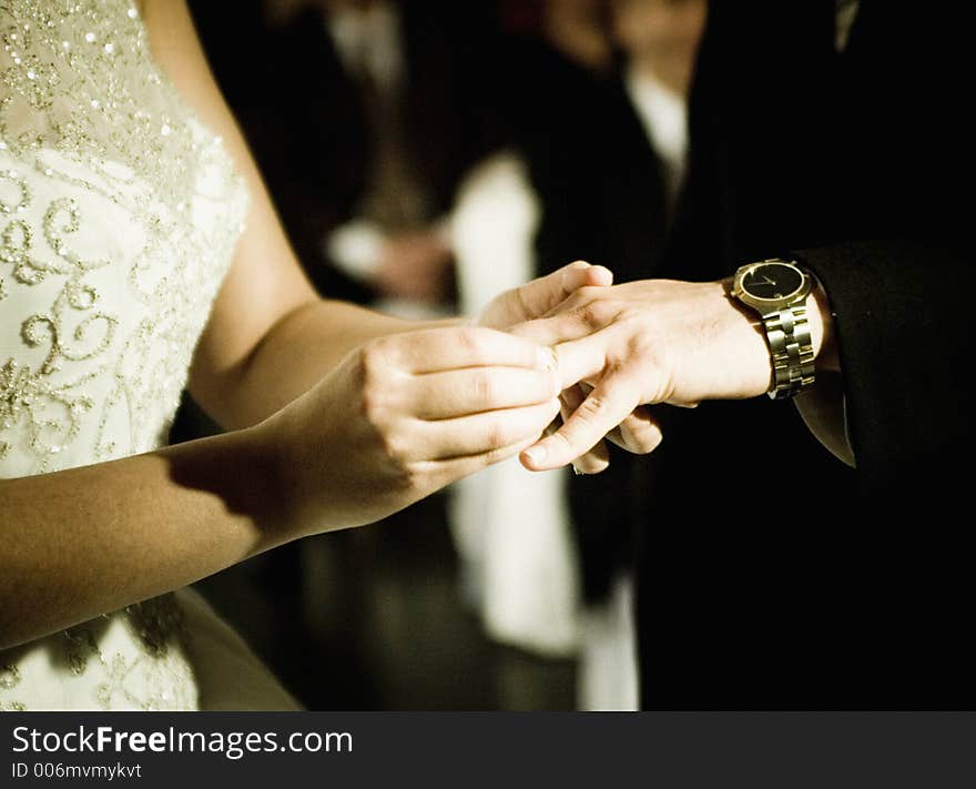 Groom and bride exchange rings