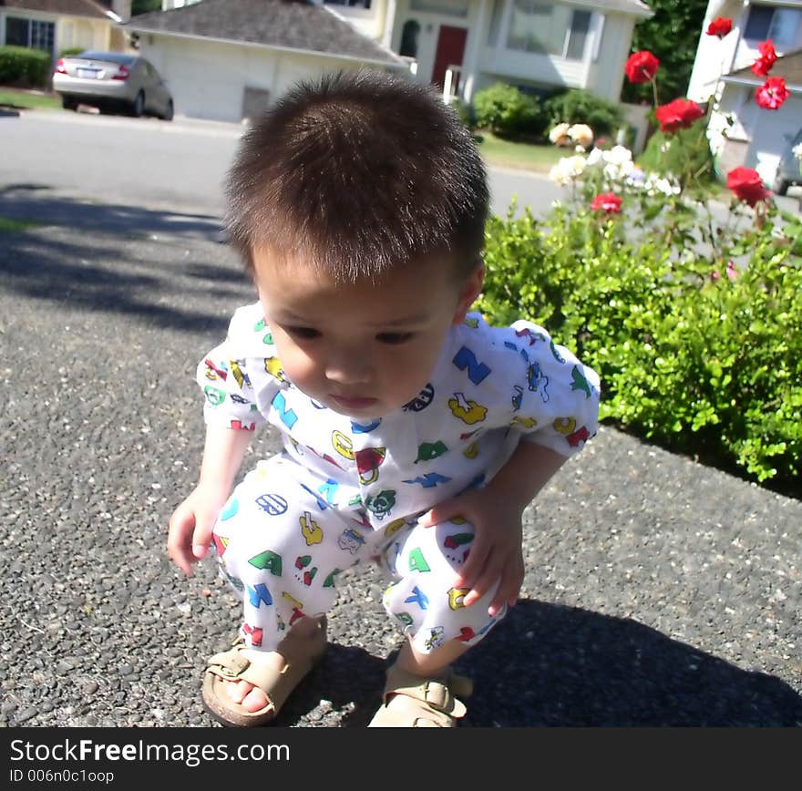 A boy is looking at an earthworm crawling on the ground